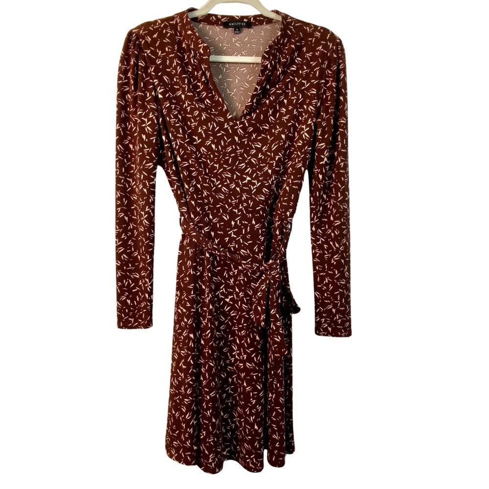 Haily 23 Brown Abstract‎ Print Faux Wrap Long Sleeve V-Neck Dress Small